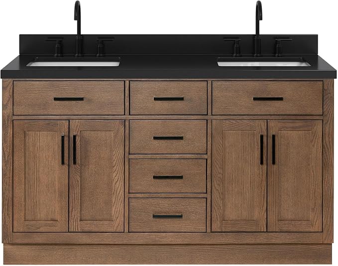 ARIEL Hepburn 60-inch Bathroom Vanity with Sink,Solid Wood, 1.5-inch Carbon Black Quartz Countertop, Double Rectangular Porcelain Sink, Soft Closing Doors, Dovetail Drawers, Brown Oak