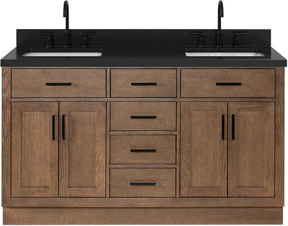 ARIEL Hepburn 60-inch Bathroom Vanity with Sink,Solid Wood, 1.5-inch Carbon Black Quartz Countertop, Double Rectangular Porcelain Sink, Soft Closing Doors, Dovetail Drawers, Brown Oak
