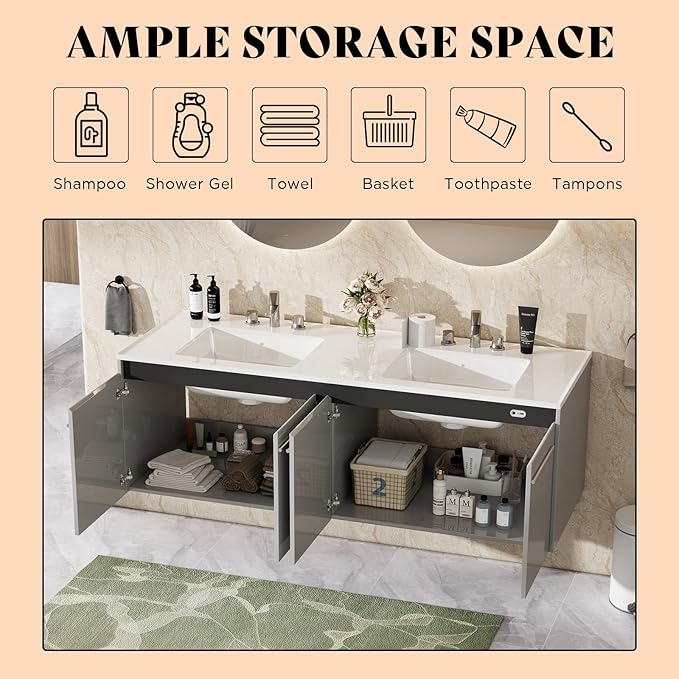 AMERLIFE 60" LED Floating Bathroom Double Vanity with Sink, Modern High Gloss Wall Mounted Bathroom Storage Cabinet with 3 Hole Sink, Metal Handles & Soft Closing Doors, Grey