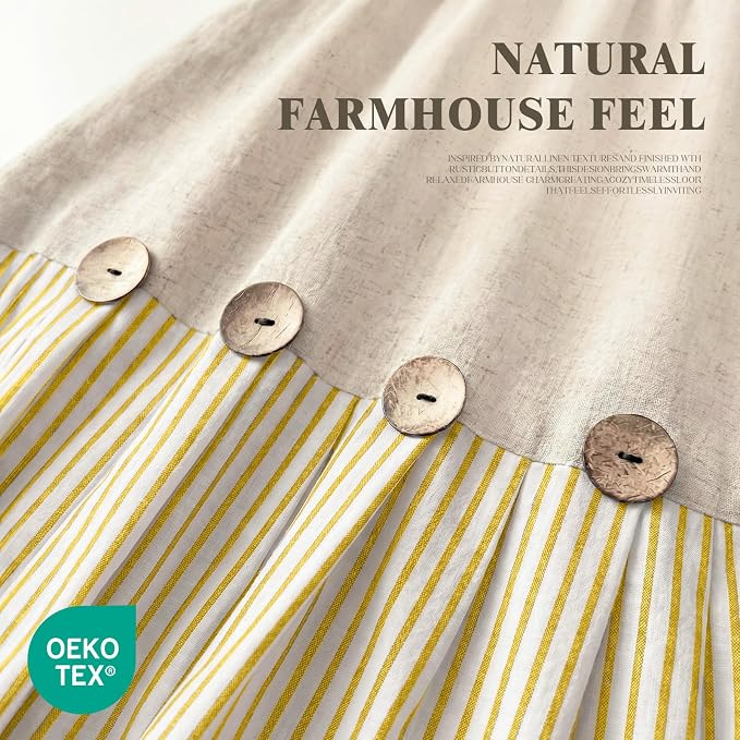 Farmhouse Shower Curtain Linen Button Yellow Stripe 72" W x 72" L | Farmhouse Style, Chic Button, Striped, Linen Fabric, Rustic, Country, Natural Look, Washable, for Bathroom Bathtub