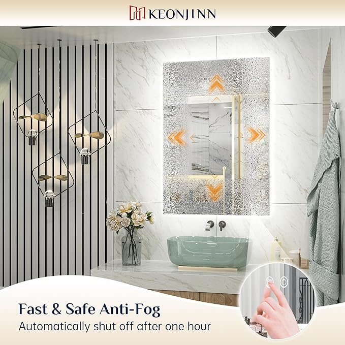Keonjinn 42 x 36 Inch Backlit Bathroom Mirror, Anti-Fog LED Mirror with Lights, CRI90+ HD Tempered Glass, Stepless Dimmable, High Lumen, UL Listed LED Driver, Waterproof, Horizontal/Vertical