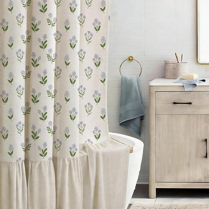 ORTIGIA Linen Textured Ruffle Shower Curtain 72x72 Inch with Metal Hooks, Vintage Blue Green Floral Flowers Block Print Boho Waterproof Bath Curtain for Rustic Farmhouse Bathroom Decor