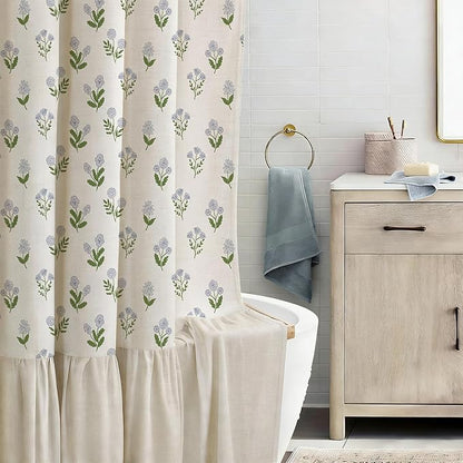 ORTIGIA Linen Textured Ruffle Shower Curtain 72x72 Inch with Metal Hooks, Vintage Blue Green Floral Flowers Block Print Boho Waterproof Bath Curtain for Rustic Farmhouse Bathroom Decor