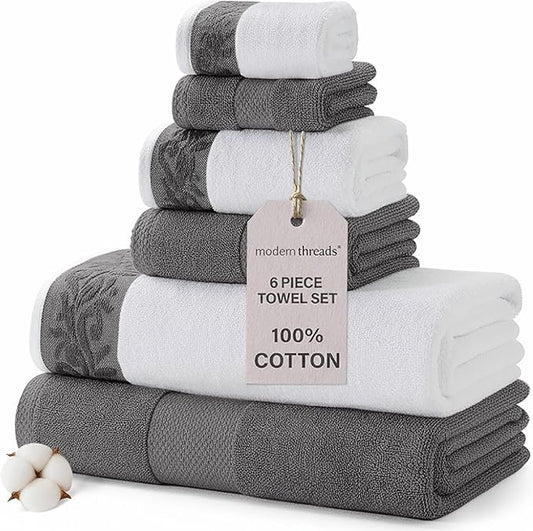 Modern Threads 600 GSM 6-Piece Towel Set with Filgree Jacquard Border Charcoal