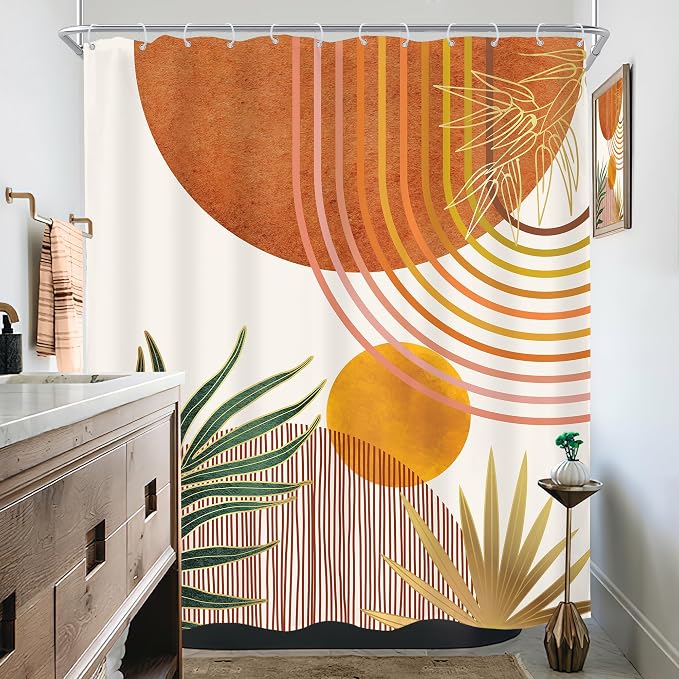 Mid Century Orange Boho Abstract Modern S Bathroom Shower Curtain Set | 60Wx72L Plant Botanical design, waterproof HD print with fast-drying fabric and 12 hooks.