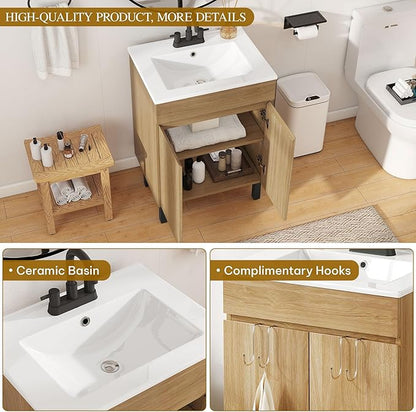 YITAHOME 24 Inch Bathroom Vanity with Sink, Bathroom Cabinet Vanity for Small Space, Freestanding Storage Bathroom Vanity with 2 Soft Closing Cabinets, Natural Brown