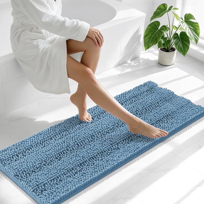 Smiry Thick Chenille Bathroom Runner Rugs 47x17, Soft Bath Mat, Airy Blue | Quick‑Dry & Machine Washable, Non‑Slip Bath Carpet, Striped Bath Rugs for Tub & Shower, Modern Home Decor Accessories
