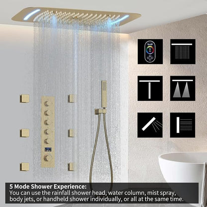 3 Functions Shower Head System Brushed Gold Shower Faucet Set | 16X26 inch Ceiling Shower, 6 Body Jet, Handheld Shower, Temperature Display, 5 Functions Can All Run Together