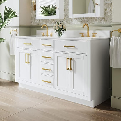 60-Inch Bathroom Vanity with Double Sinks W/ 4 Doors & 4 Drawers & 2 Flip Drawers, White Vanity W/Brushed Gold Handles