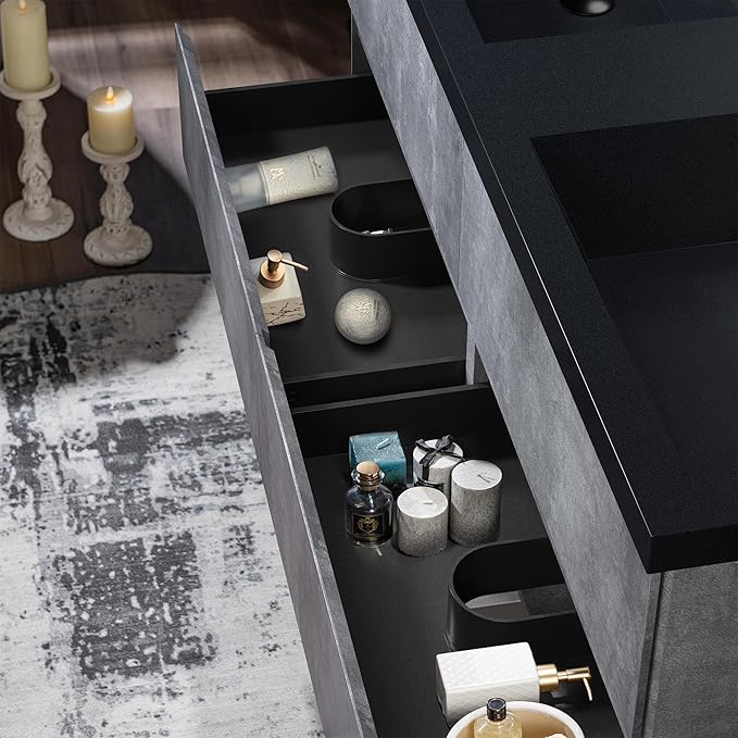Woodbridge 59 in. W x 19-5/8 in. D Wall Mounted Floating Bathroom Vanity in Gray with Quartz Sand Composite Vanity Top in Matte Black
