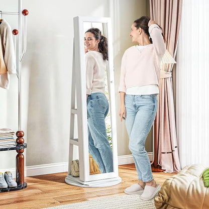 HOMCOM 360° Swivel Jewelry Cabinet Lockable with Full-Length Mirror White | Jewelry Armoire Organizer, Back Storage Shelves, Interior Small Mirror, Bedroom Living Room