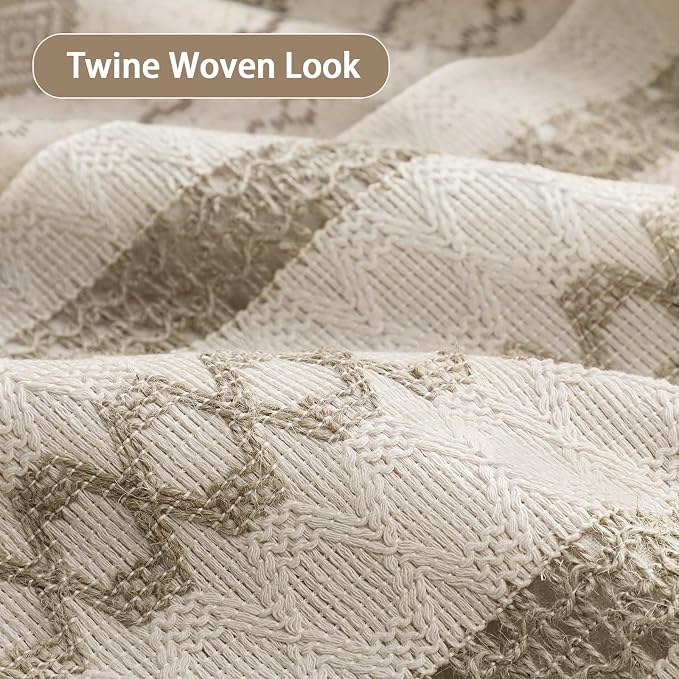 Beige Boho Linen Shower Curtain,72" W x 72" L | Linen Striped Print and Twine-Inspired Woven Center for Bathroom