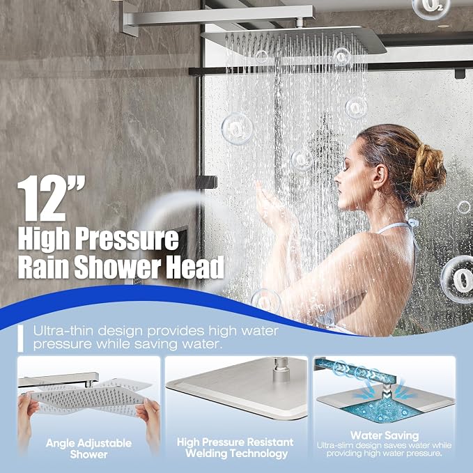 Gabrylly Rain Shower Head with Handheld Spray Combo, 12", Brushed Nickel | All Metal Shower System, High Pressure Rainfall Shower Faucet Set, Solid Brass Shower Valve Complete Shower Set for Bathroom