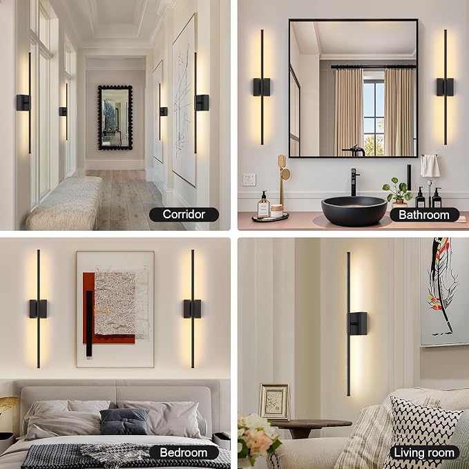 Battery Operated Wall Sconce Set of Two with Remote Control, 3000K-6000K Dimmable Black Wall Lights, Timable LED Wireless Wall Sconces, 350° Ratate for Bathroom, Living Room, Hallway 29.1 Inch