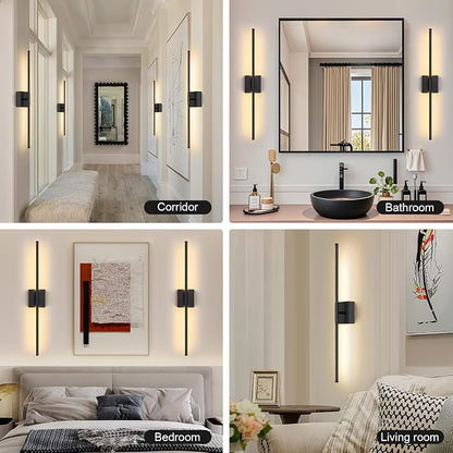 Battery Operated Wall Sconce Set of Two with Remote Control, 3000K-6000K Dimmable Black Wall Lights, Timable LED Wireless Wall Sconces, 350° Ratate for Bathroom, Living Room, Hallway 29.1 Inch