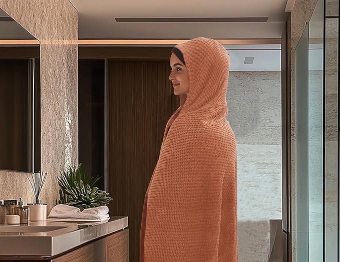 COTTON CRAFT Hooded Bath Towel for Adults – 2 Pack 100% Cotton Bath Sheet | Waffle Weave Oversized 35x70 inch Ringspun Terry Bath Wrap with a hood - Soft Super Absorbent Quick Dry – 450 GSM – Mocha