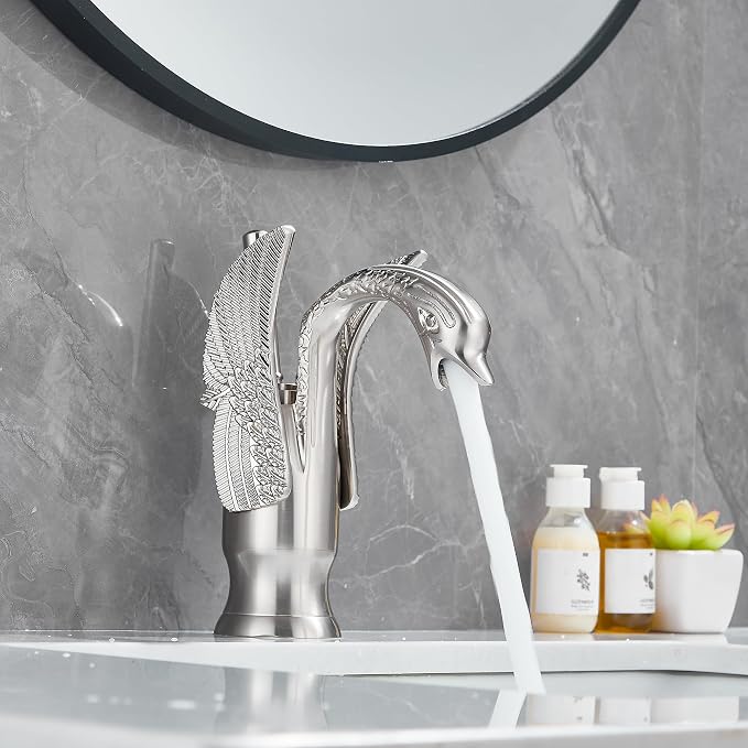 Bathroom Faucet Brushed Nickel Swan Single Handle 1 Hole Bathroom Vanity Faucet Basin Tap Deck Mount Lavatory
