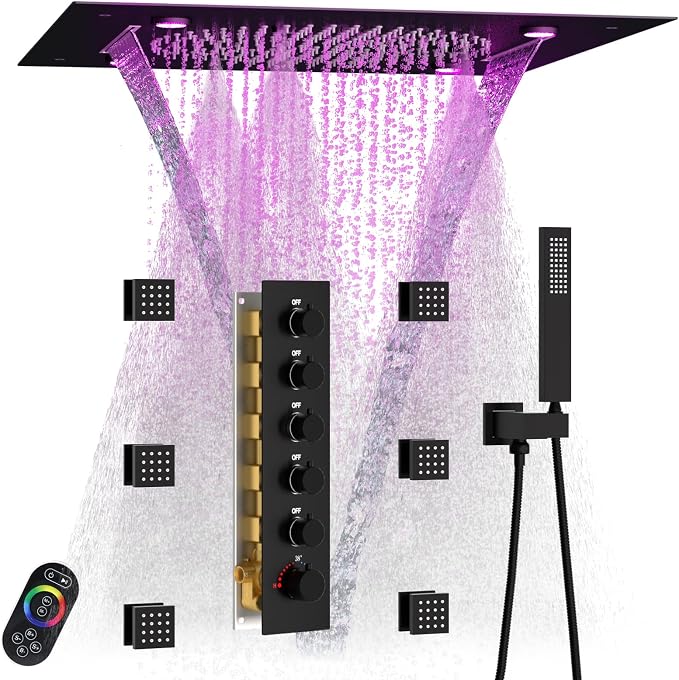 Enga Full Body LED Thermostatic Shower System with Body Jets, 20-Inch 3 Function Shower Head (Rainfall & Mist & Waterfall), Luxury Multi Function Rain Shower Faucet Set, Matte Black