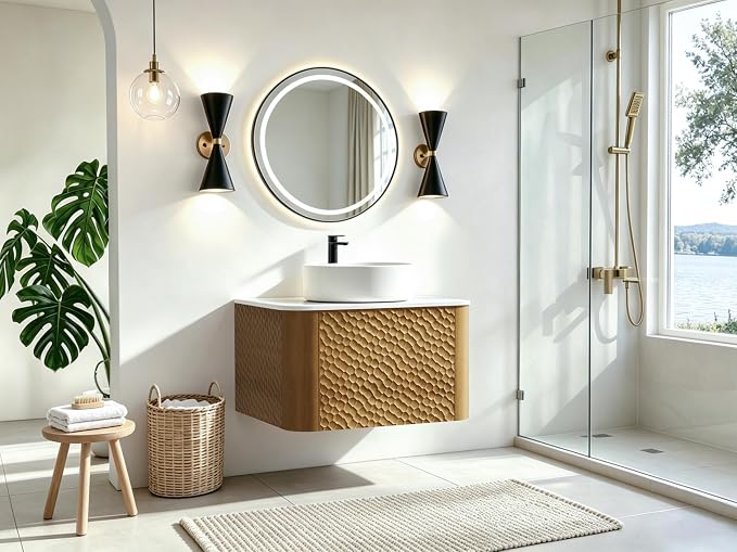 24 Inch Modern Bathroom Vanity with Ceramic Sink, Floating Bathroom Vanity Cabinet with Sintered Stone Top&Solid Wood Hammered Frame, Single Sink Bathroom Vanities w/Soft-Close Drawers,Natural