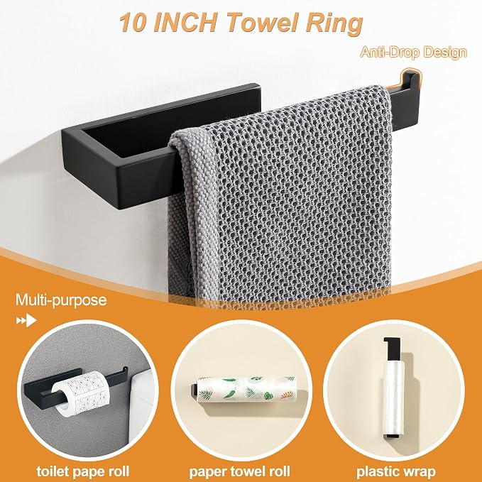 SAYAYO 7-Piece Bathroom Hardware Set Black, Includes 16 Inch Towel Bar | Towel Ring, Toilet Paper Holder & 4Pcs Coat Hooks Wall Mount, Towel Racks for Bathroom Accessories Set SUS304 Stainless Steel