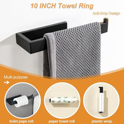 SAYAYO 7-Piece Bathroom Hardware Set Black, Includes 16 Inch Towel Bar | Towel Ring, Toilet Paper Holder & 4Pcs Coat Hooks Wall Mount, Towel Racks for Bathroom Accessories Set SUS304 Stainless Steel