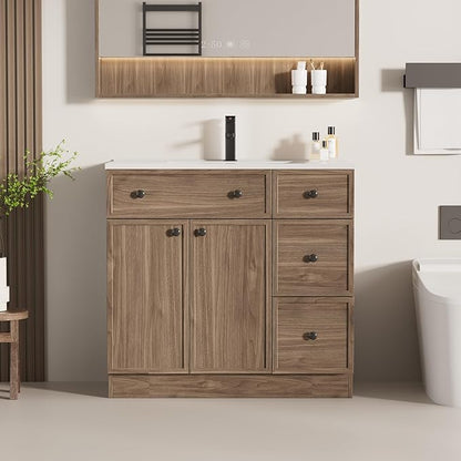 LUCKWIND 36" Bathroom Vanity Sink Combo, Modern Bathroom Cabinet with Undermount Solid Surface Vanity Sink, Soft-Close Hinges & Water-Saving Faucet, Taupe
