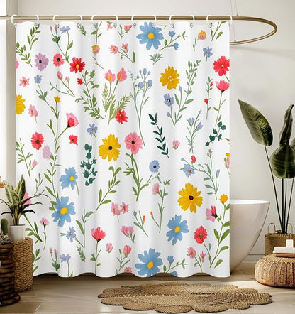 Shower Curtain for Bathroom Stall Boho Modern Cute Aesthetic Decorative Girly Waterproof Unique White Floral Girls Chic Print Design Teen Pretty Women Cortinas de Baño Bathtub 72 x72 Inch