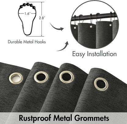 MIULEE 72 x 84 Extra Long Linen Shower Curtain Charcoal Grey 12 Metal Hooks | Washable, Heavy Fabric Shower Curtain Set, Waterproof Thick Cloth Shower Curtain, Bathroom Hotel Bathtub