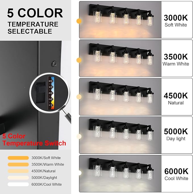 MELUCEE 6-Light Dimmable LED Bathroom Light Fixtures in Black Finish | Modern Bubble Crystal Vanity Lights for Bathroom 5CCT LED Wall Light Fixture with Clear Glass Shade,Built-In Led Chips