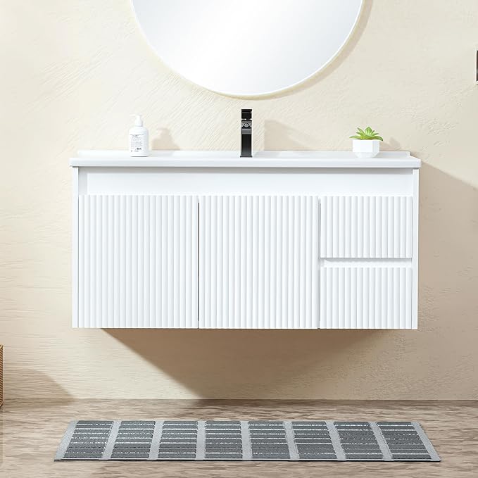 Floating Bathroom Vanity 40 Inch, Wall Mounted Bathroom Vanity with Ceramic Sink and 2 Drawers for Storage, Modern Wave-Carved Design Wooden Sink Cabinet, White