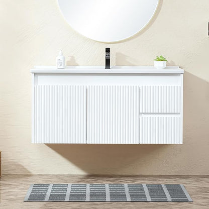Floating Bathroom Vanity 40 Inch, Wall Mounted Bathroom Vanity with Ceramic Sink and 2 Drawers for Storage, Modern Wave-Carved Design Wooden Sink Cabinet, White