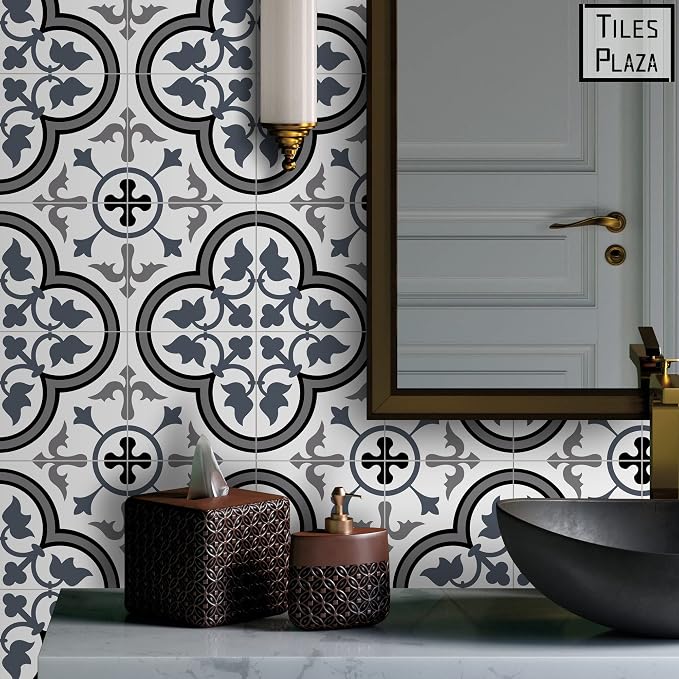 The Tiles Plaza Encaustic Peel and Stick Backsplash, Blue and White Patterned Vintage Stick on Tile, Stone Composite Self-Adhesive Wall Tile Sticker for Kitchen Bathroom Fireplace Stairs, 10 Sheets
