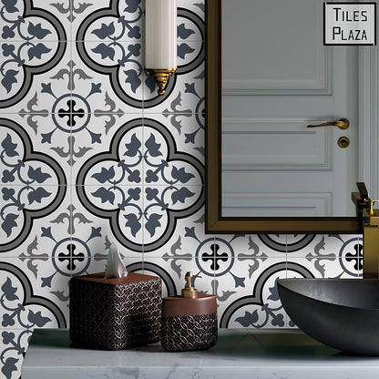 The Tiles Plaza Encaustic Peel and Stick Backsplash, Blue and White Patterned Vintage Stick on Tile, Stone Composite Self-Adhesive Wall Tile Sticker for Kitchen Bathroom Fireplace Stairs, 10 Sheets