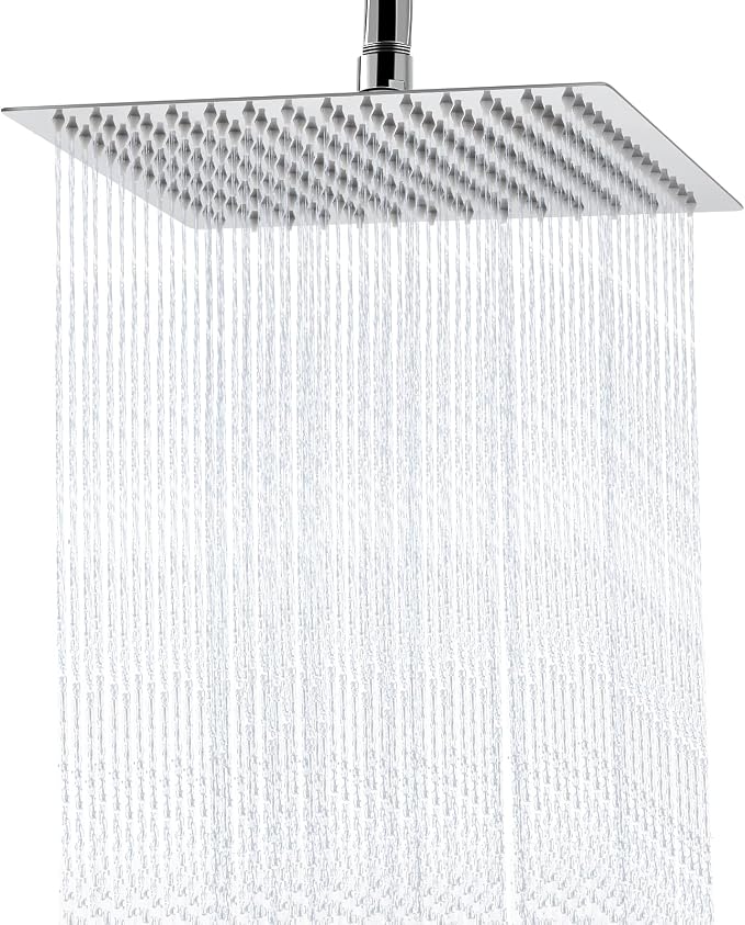 Rain Shower Head - 10 Inch High Pressure Shower Heads 304 Stainless Steel Ultra Thin Square Showerhead Pressure Boosting Design, Ceiling or Wall Mount