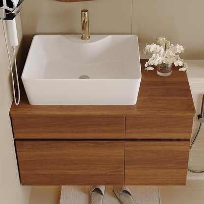 31.5" Floating Bathroom Vanity with Sink and Drawer, Soft Closing, Solid Wood Mid Century Modern Single Bathroom Vanity Cabinet with Storage, Wall Mounted (Walnut)