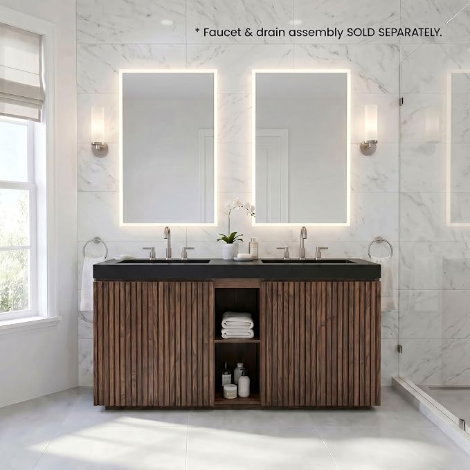 60" Double Bathroom Vanity with Sink (8" Widespread Faucet Holes Predrilled), Mid Century Modern Bathroom Cabinet with 4 Doors & Shelves, Matte Black Sink with Overflow, Walnut