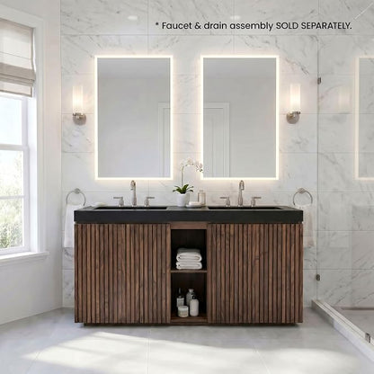 60" Double Bathroom Vanity with Sink (8" Widespread Faucet Holes Predrilled), Mid Century Modern Bathroom Cabinet with 4 Doors & Shelves, Matte Black Sink with Overflow, Walnut