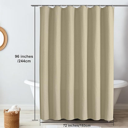 OVZME Extra Long Shower Curtain Set- 96 Inch Long Waffle Weave Heavy Duty Fabric Shower Curtains for Bathroom, Luxury Heavy Duty Thick Cloth Shower Curtain with 12 Plastic Hooks, 72Wx96L, Taupe