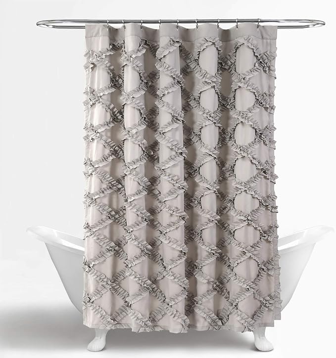 Lush Decor Ruffle Diamond Shower Curtain 72"L x 72"L Gray - Fabric Shower Curtains for Bathroom - Gray Bathroom Curtain - Vintage Farmhouse Decor