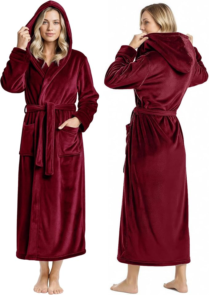 NY Threads Women's Fleece Hooded Bathrobe Plush Long Spa Robe, Medium