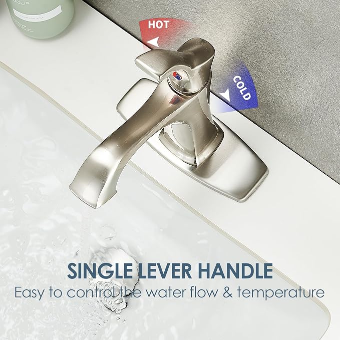 Brushed Nickel Bathroom Faucet, Sanliv Single Handle Centerset Bathroom Sink Faucet with Pop-Up Drain & Deck Plate for 1 or 3-Hole (4 inch) Installation, Modern Farmhouse Vanity Faucet Brushed Nickel