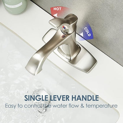Brushed Nickel Bathroom Faucet, Sanliv Single Handle Centerset Bathroom Sink Faucet with Pop-Up Drain & Deck Plate for 1 or 3-Hole (4 inch) Installation, Modern Farmhouse Vanity Faucet Brushed Nickel