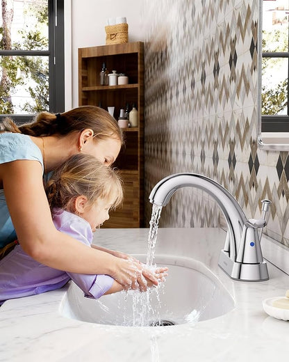 WOWOW Bathroom Faucet 2 Handle 4 Inch Centerset Bathroom Sink Faucet Lead-Free Basin Mixer Tap Lift Rod Drain Stopper, Two-Handle Center-Set Lavatory Faucet Chrome
