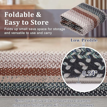 Imitation Braided Collection-Print Washable Rug 10x13 Area Rug for Bedroom Farmhouse Living Room Rug Large Area Rug Non Slip Throw Rugs Stain Resistant Carpet for Department Dining Room