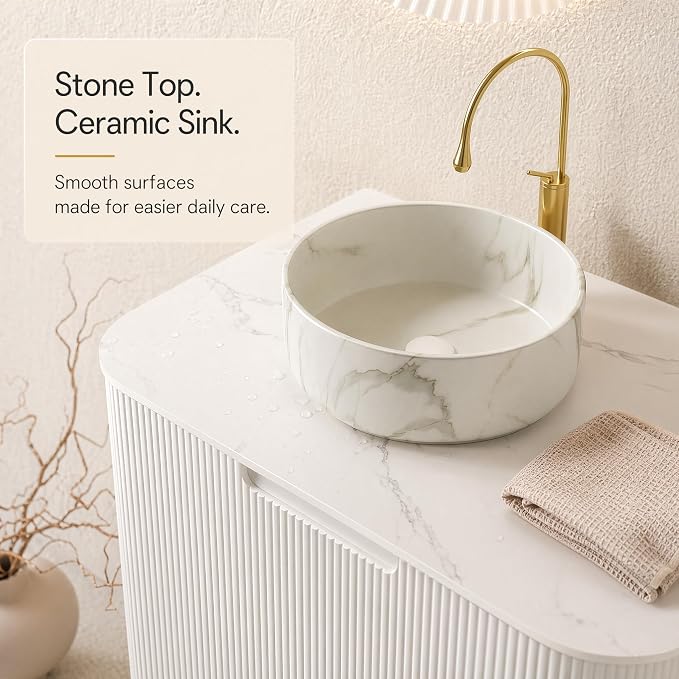 30 Inch Bathroom Vanity with Sink, Floating Wall Mounted Single Sink Vanity, White Curved Fluted Front, Stone Top, Marble-Look Round Vessel Basin, Pre-Assembled