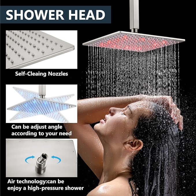 Aolemi Ceiling Shower Faucet Set with Handheld 10" LED Head Brushed Nickel | Handheld Spray,10 Inch Rain LED Head,Shower Valve and Trim Kit,All Metal,Ceiling System,Bathroom Mixer