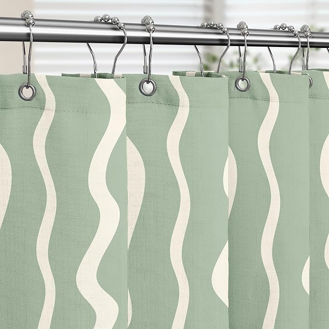 Tititex Cute Curvy Wavy Lines 140gsm Faux Linen Fabric Shower Curtain, Elegant Beige Sage Green Wave Striped Shower Curtain Sets Decoration 72x72 Inch with Hooks