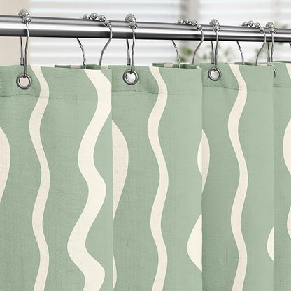 Tititex Cute Curvy Wavy Lines 140gsm Faux Linen Fabric Shower Curtain, Elegant Beige Sage Green Wave Striped Shower Curtain Sets Decoration 72x72 Inch with Hooks