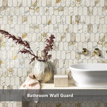 Vamos Tile Long Hexagon Peel and Stick Backsplash Tile - 10 Sheets Stick on Backsplash for Kitchen and Bathroom 12.4 x 12 Inch Glossy Pandora Marble with Gold Veining PVC Self Adhesive Wall Tiles