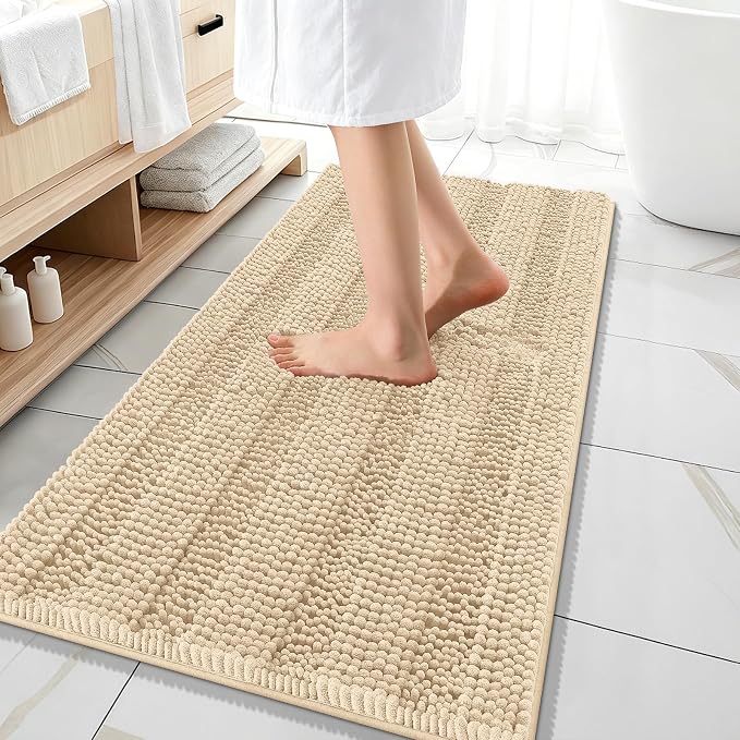 OLANLY Thick Bathroom Runner Rugs 47x20, Soft Chenille Bath Rugs, Beige | Absorbent Striped, Rubber Backing, Machine Wash, Long Bath Mats for Bathroom Floor, Tub and Shower, Home Decor Accessories
